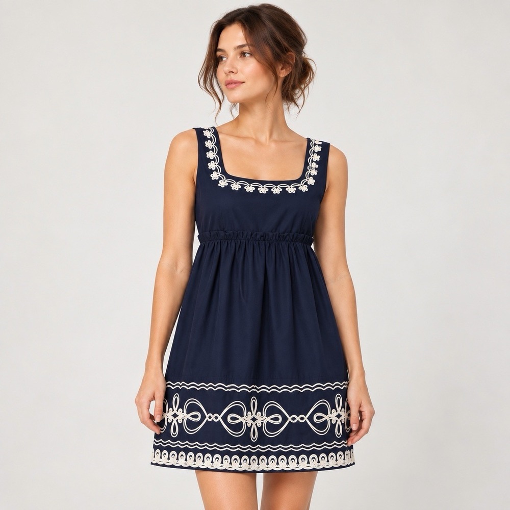 Love Moschino Dress Womens Navy Ivory Soutache Embroidered Cotton Sleeveless